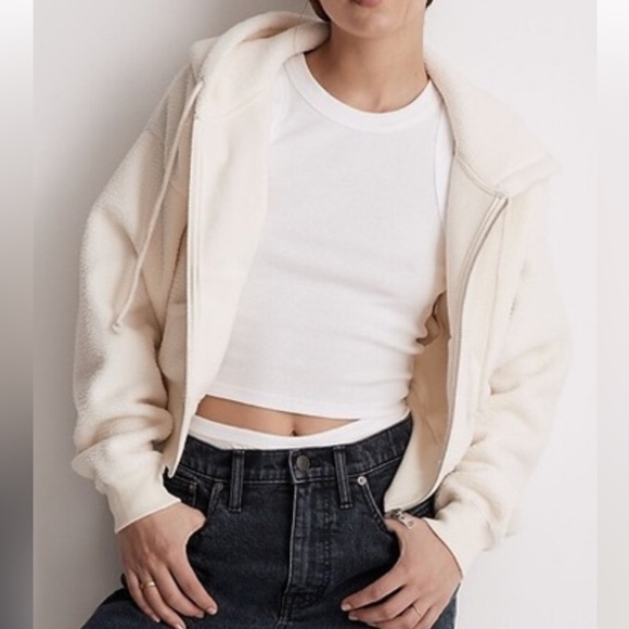 Madewell Sherpa Zip-Front Drawstring Hoodie Sweatshirt Size Large new with tags - Picture 2 of 11